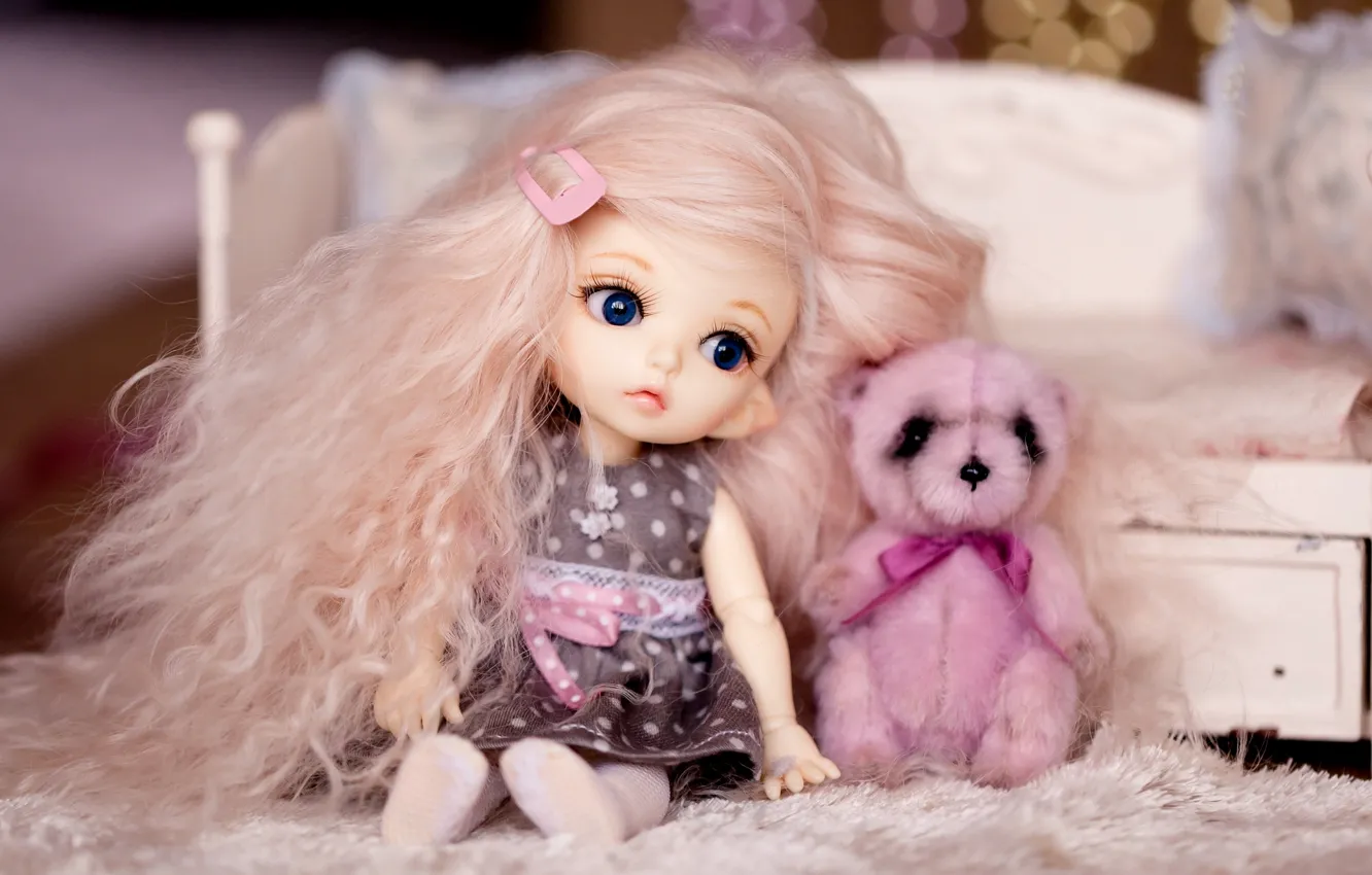 Photo wallpaper hair, toys, doll, girl, bear