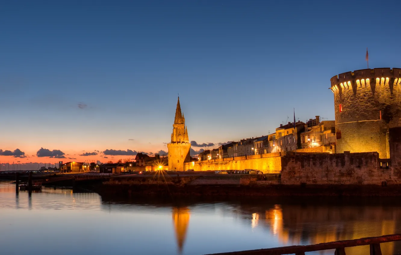 Photo wallpaper the city, lights, coast, France, the evening, Bay, fortress, architecture