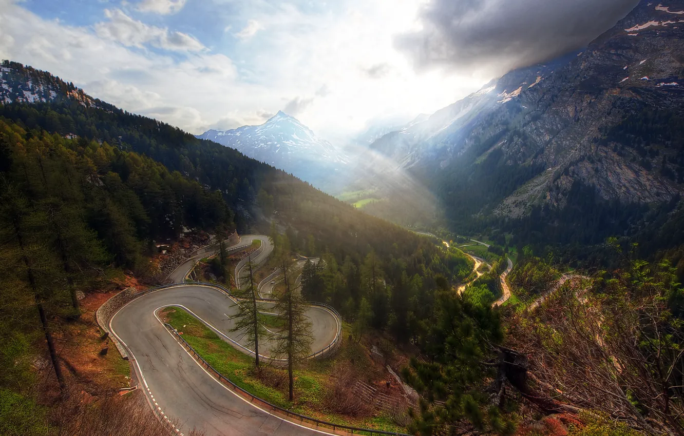Photo wallpaper road, mountains, way, down, long