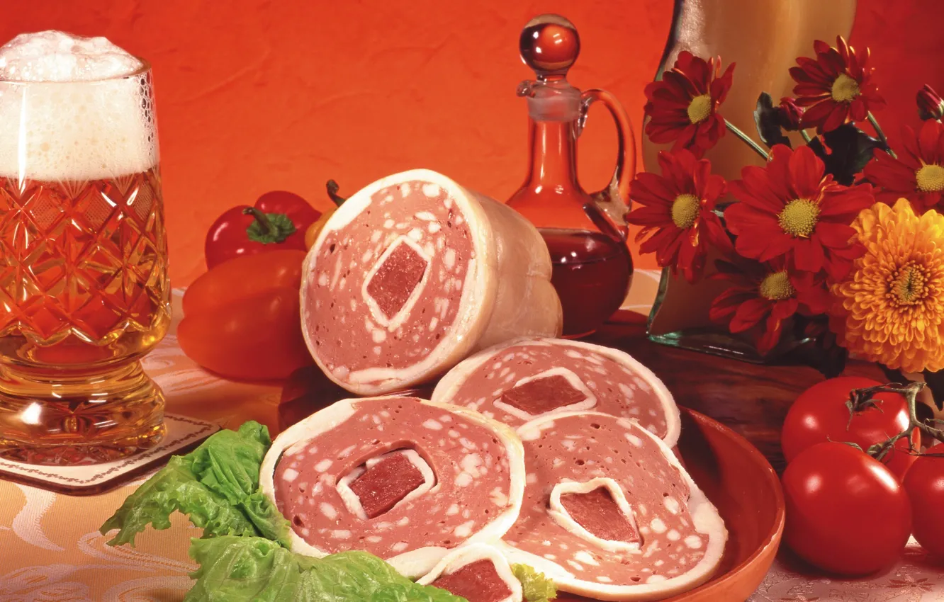 Photo wallpaper flowers, beer, mug, meat, vegetables, tomatoes, sausage, flowers