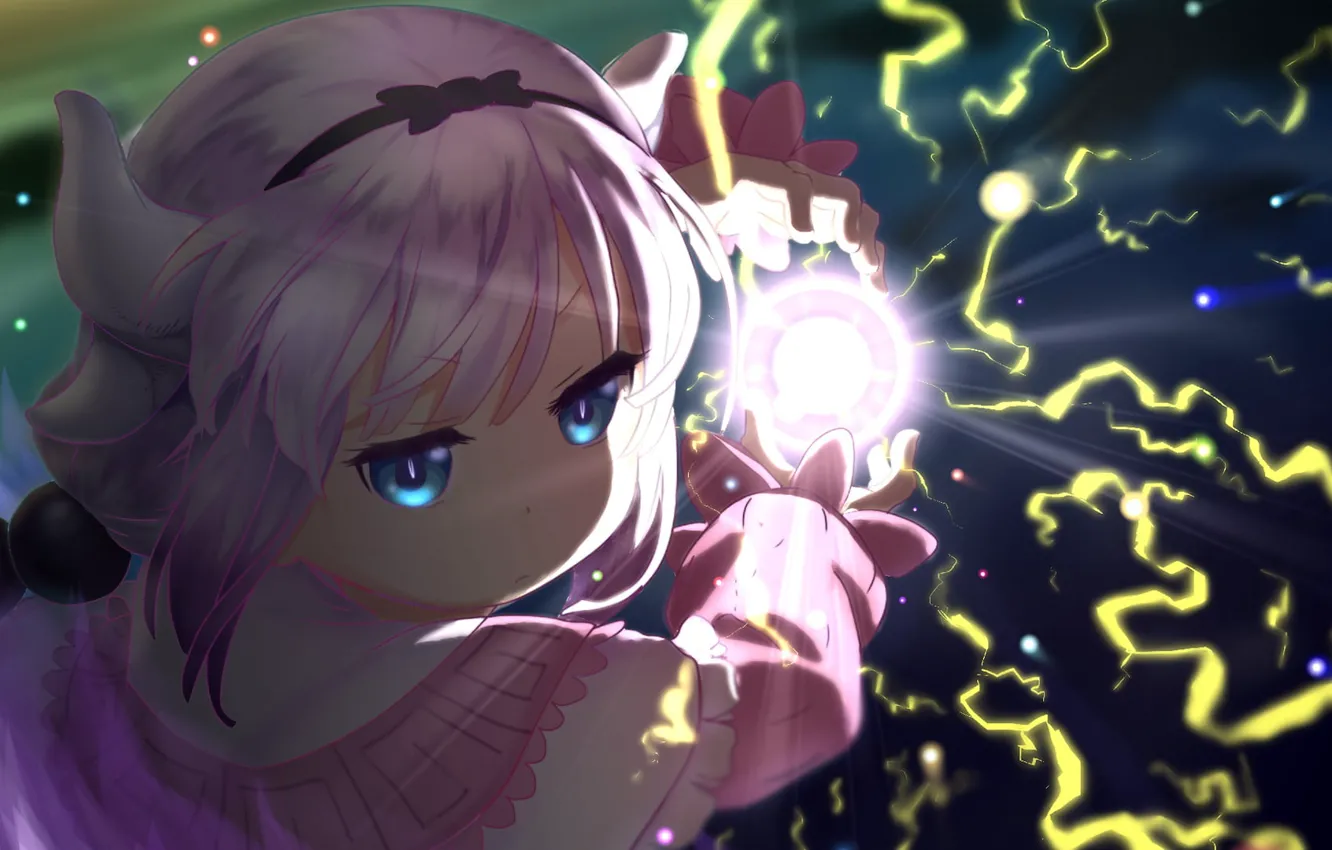 Photo wallpaper girl, anime, sphere, blue eyes, characters, loli, Kanna Kamui, flash light