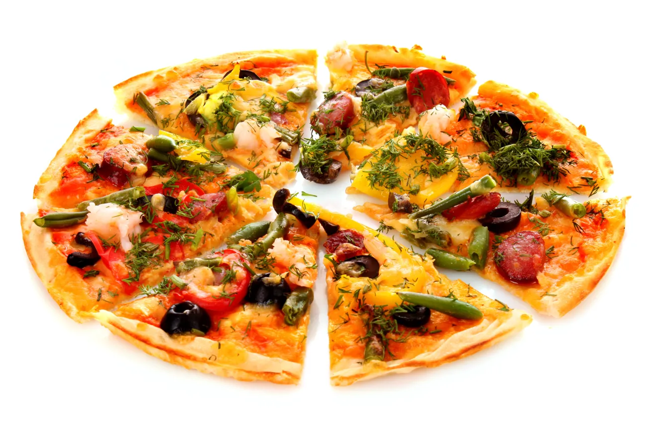 Photo wallpaper greens, cheese, bow, dill, pizza, tomato, olives, sausage