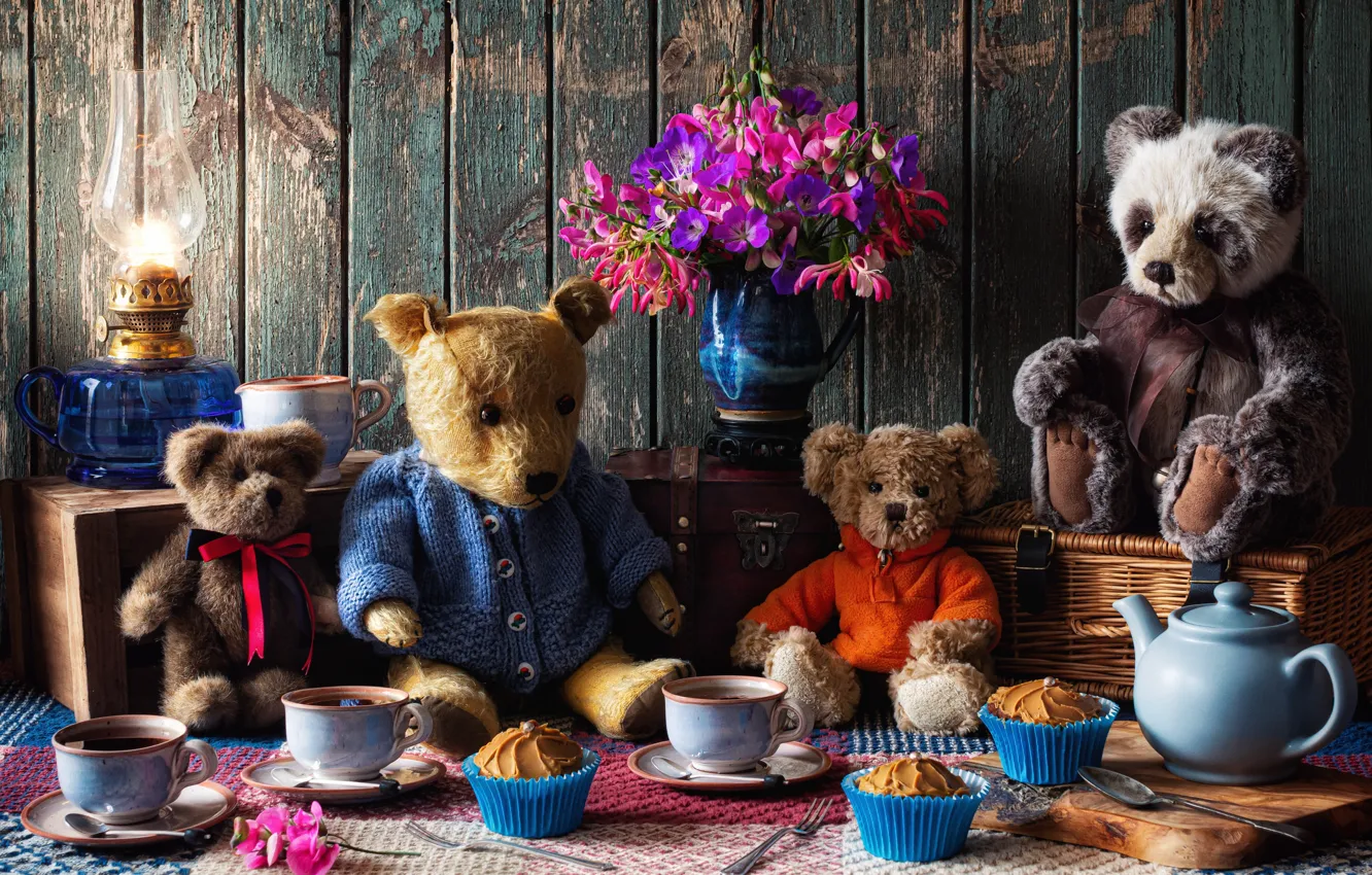 Photo wallpaper flowers, style, mood, toys, bouquet, kettle, bears, the tea party