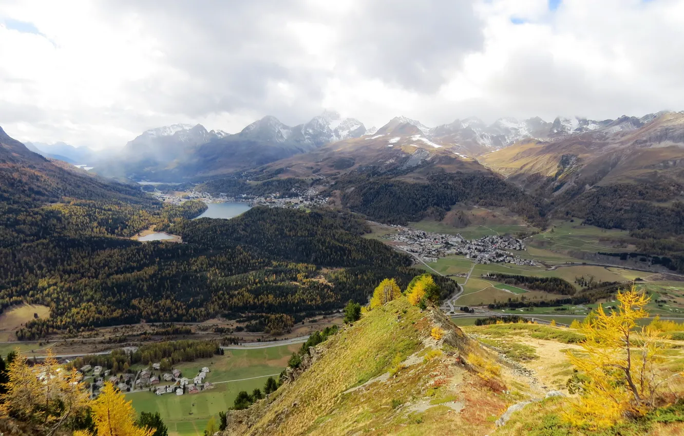 Photo wallpaper autumn, forest, clouds, mountains, lake, Switzerland, valley, Grisons