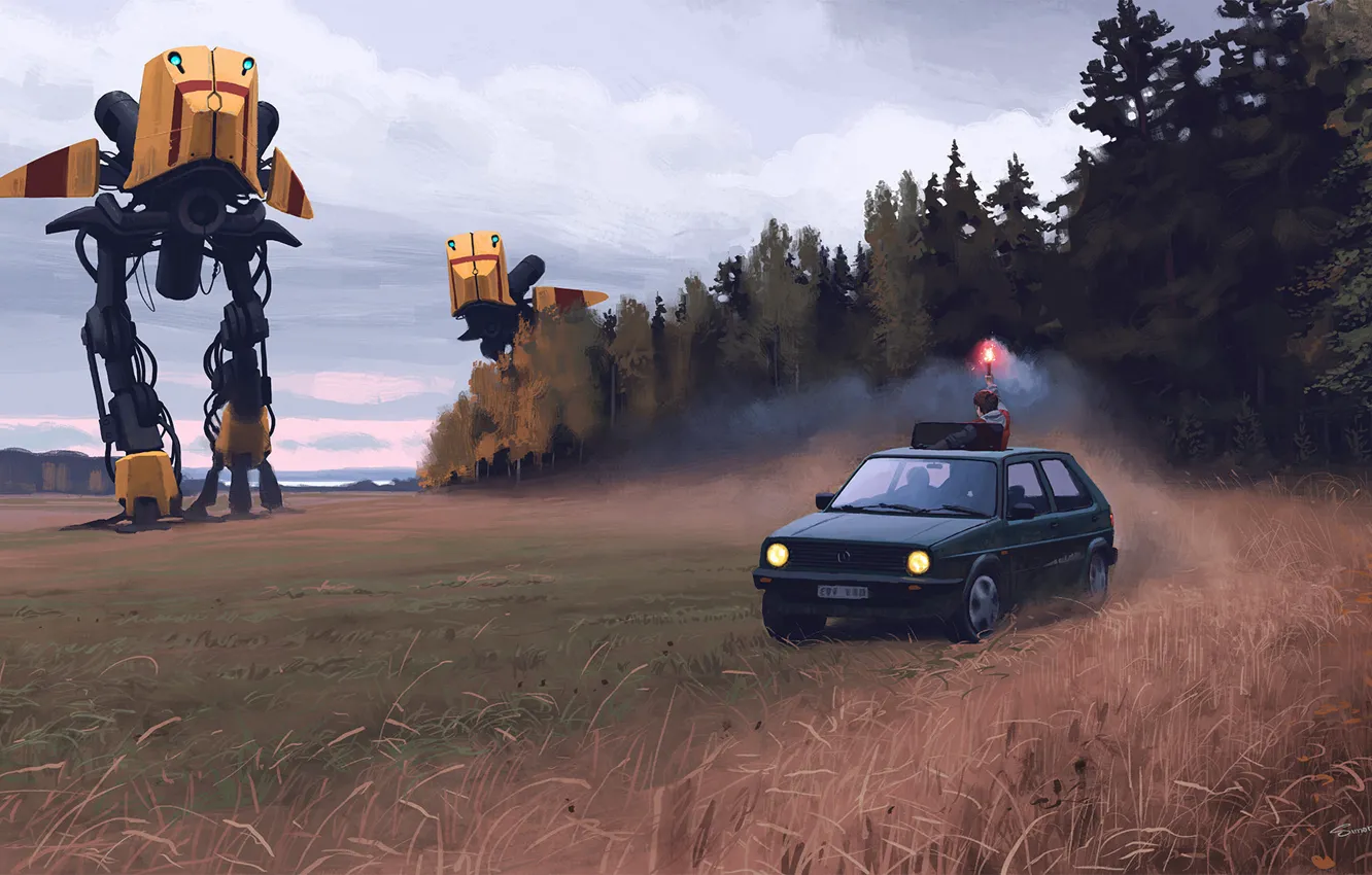 Photo wallpaper field, forest, fiction, robot, art, artist, giant, youth