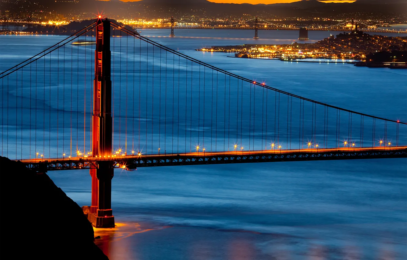 Photo wallpaper bridge, the city, lights, morning, Golden gate, USA, San Francisco
