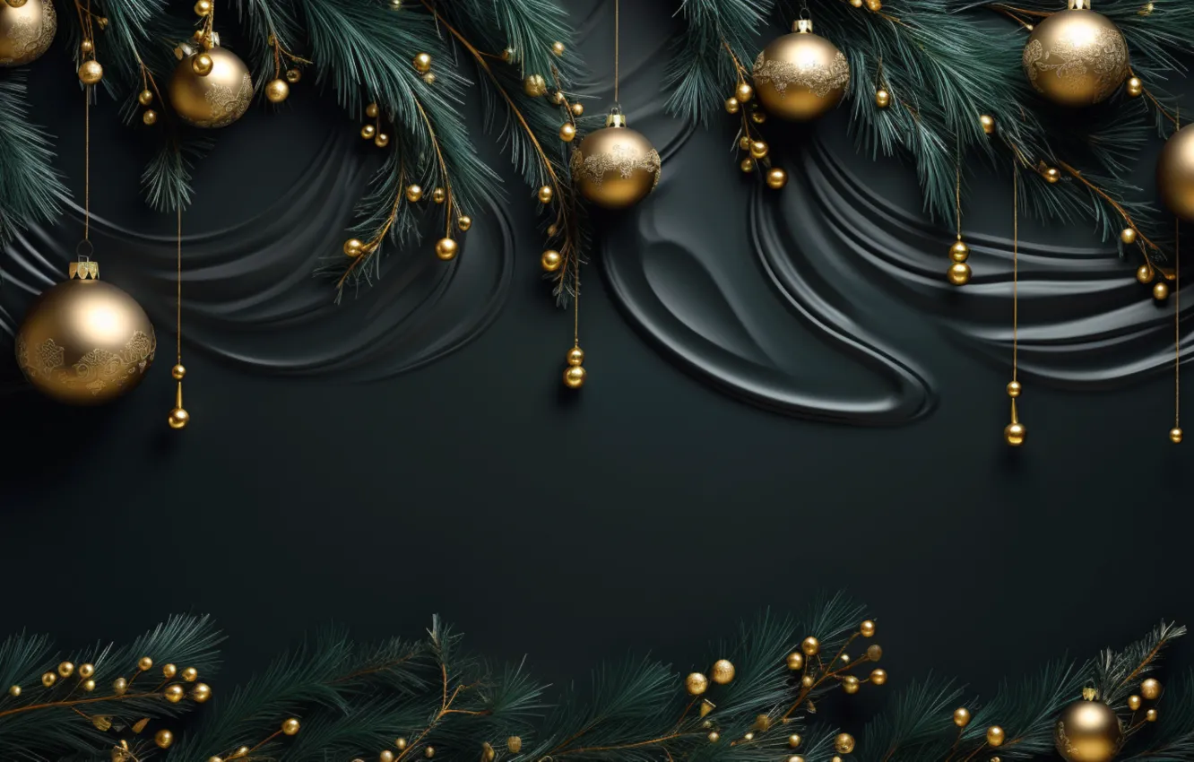 Photo wallpaper decoration, the dark background, balls, new year, Christmas, golden, black, Christmas