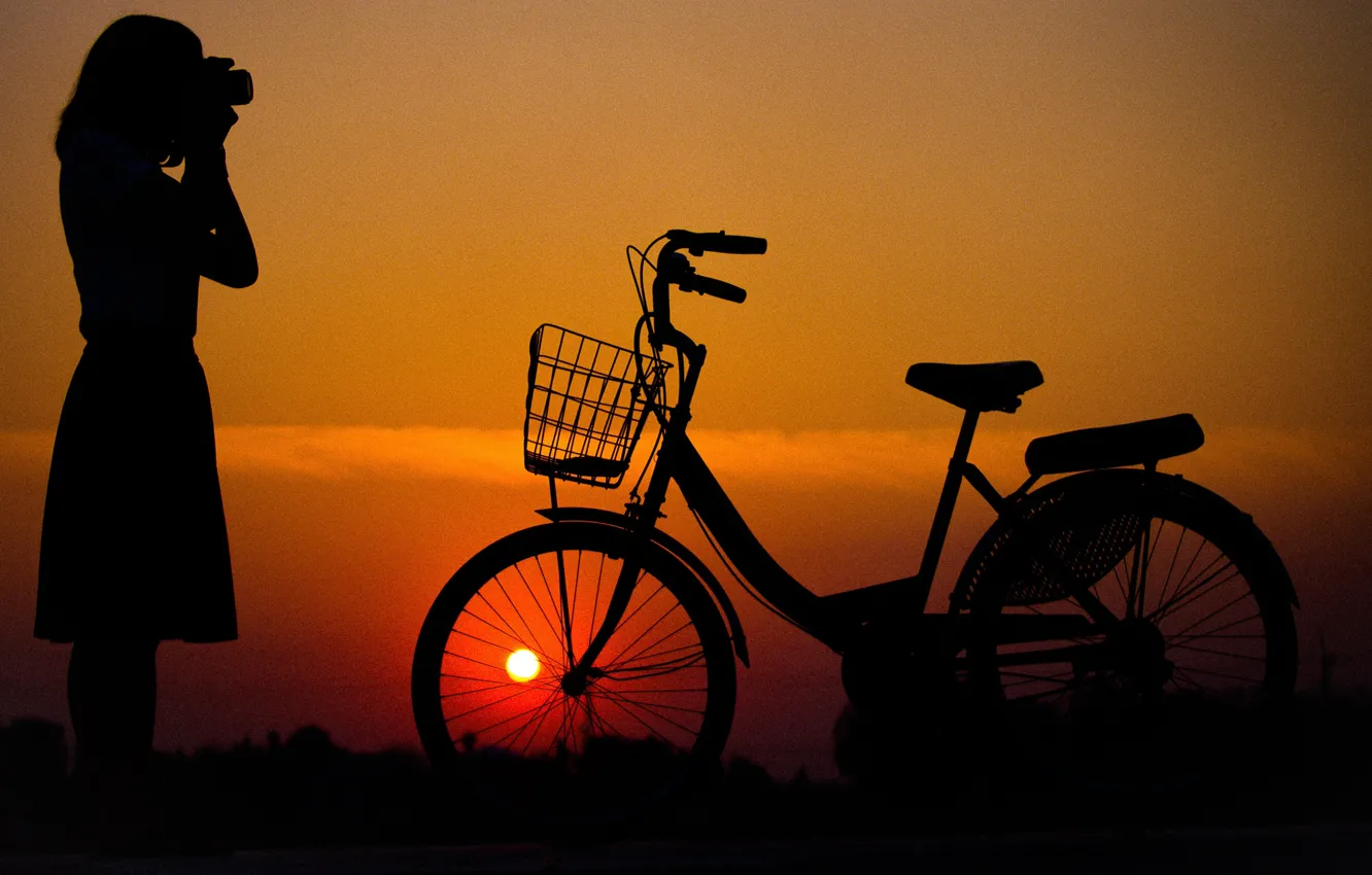 Photo wallpaper bike, silhouette, the camera, girl