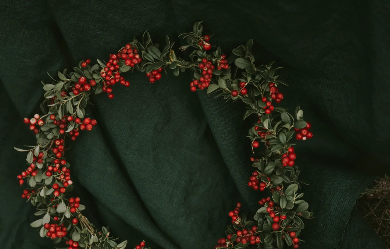 Photo wallpaper leaves, berries, red, fabric, material, wreath, bunches, cranberries