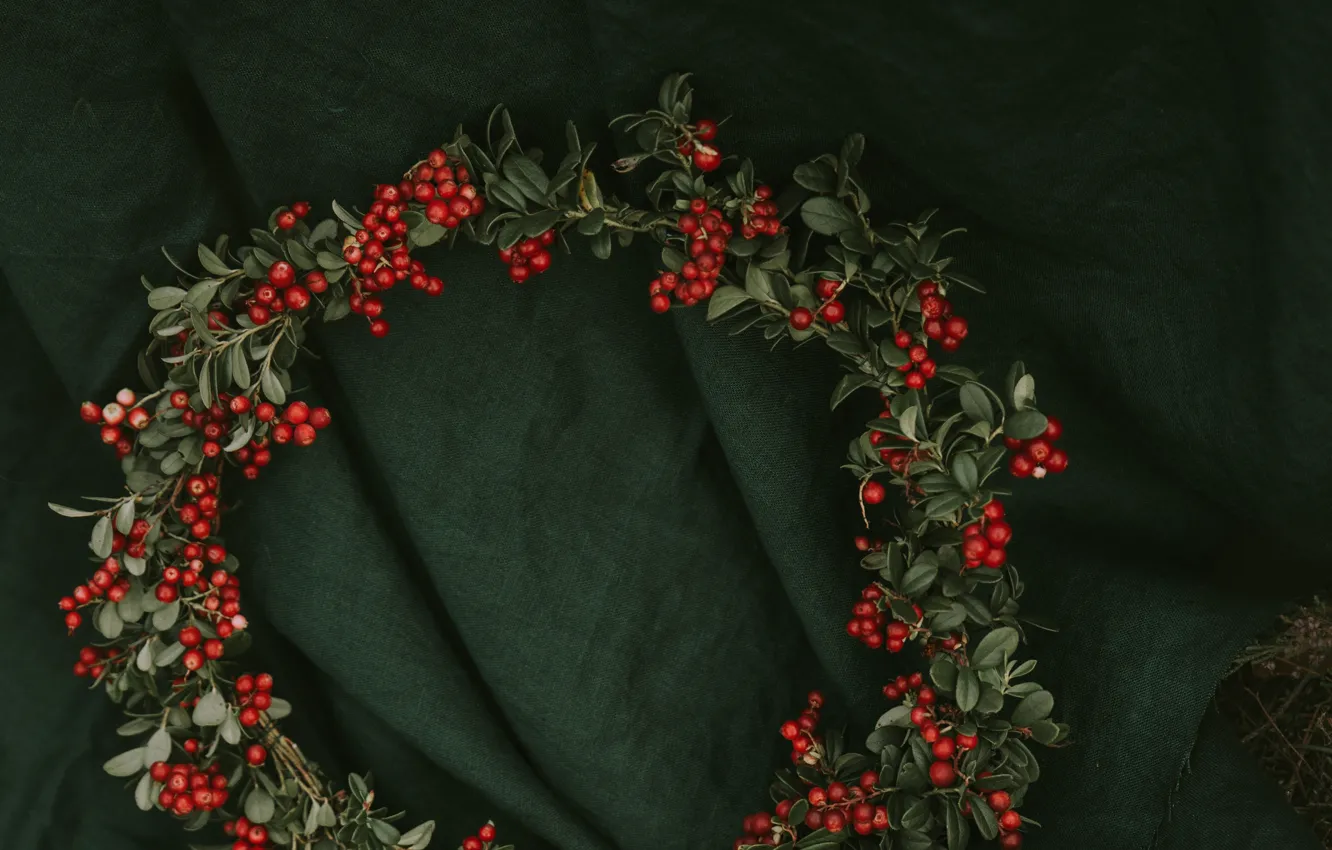 Photo wallpaper leaves, red, berries, fabric, material, wreath, bunches, cranberries