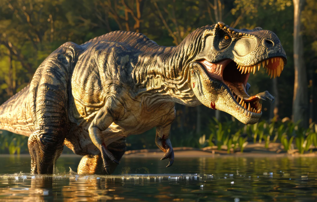 Photo wallpaper face, water, trees, animal, dinosaur, predator, teeth, grin