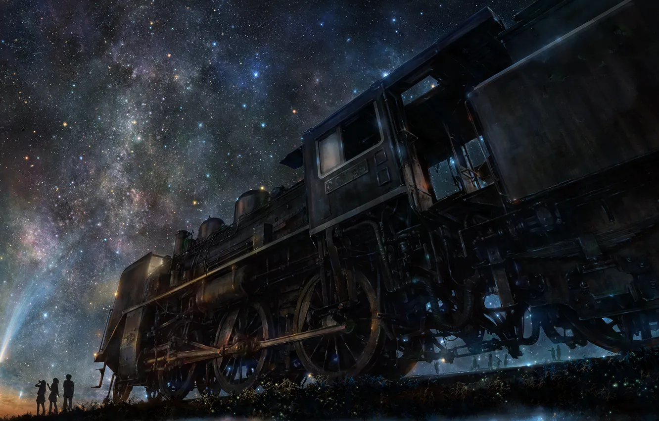 Photo wallpaper night, people, train, art, starry sky, iy tujiki