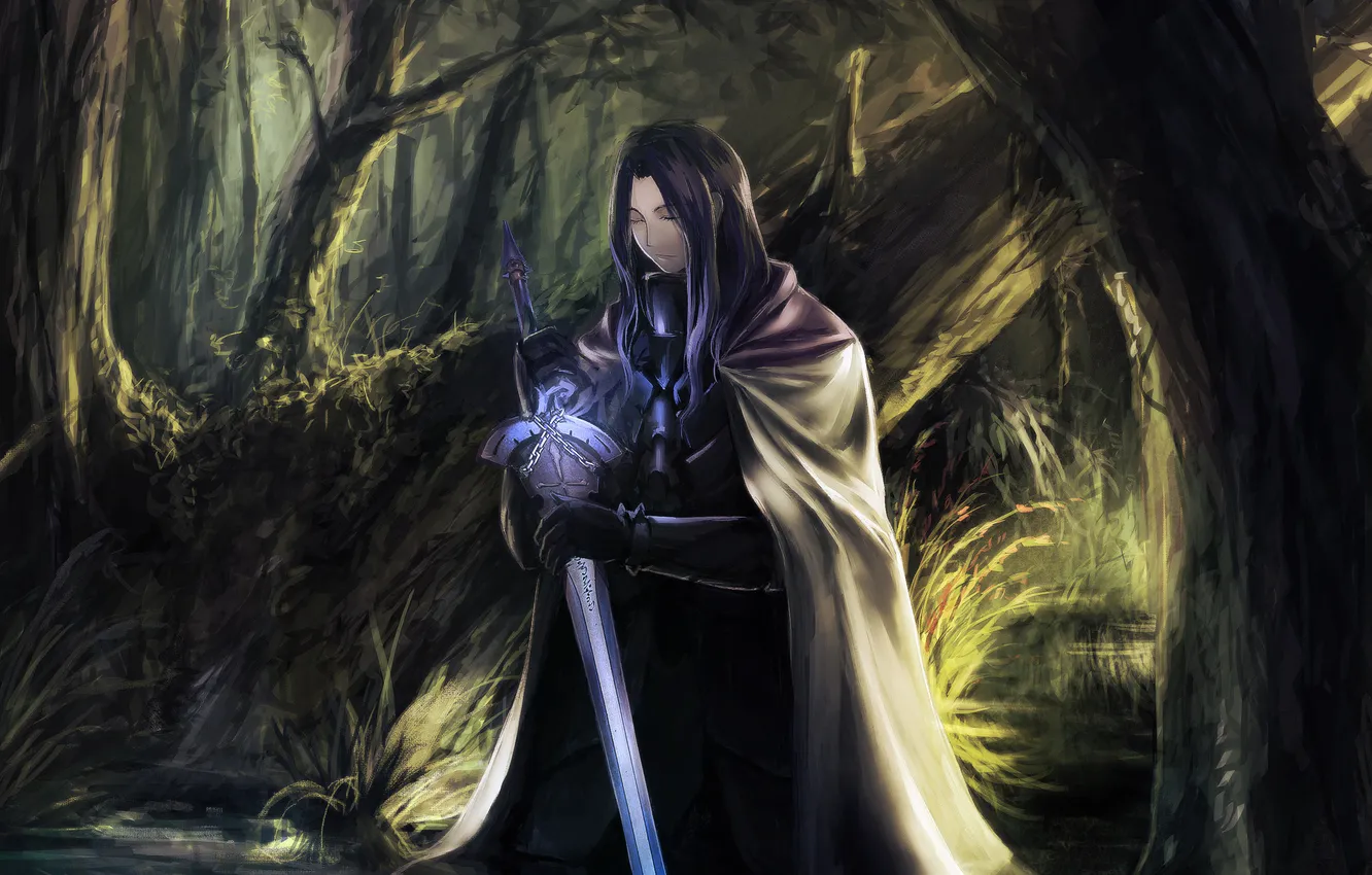 Photo wallpaper forest, water, lake, sword, male, art, Berserker, kzcjimmy