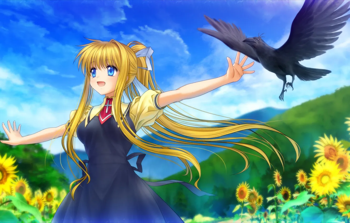 Photo wallpaper field, girl, joy, sunflowers, bird, gesture, Air, art