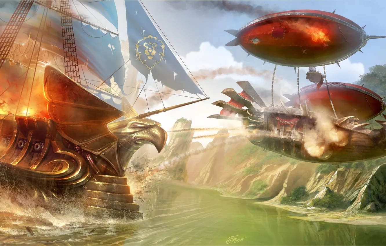 Photo wallpaper lights, river, ship, sailboat, art, attack, TamplierPainter