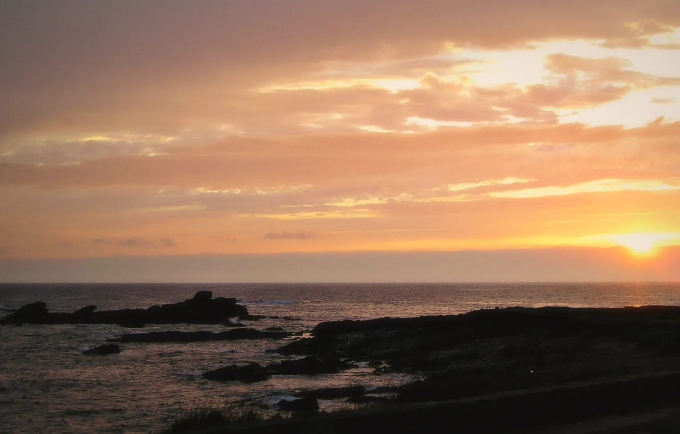 Photo wallpaper wave, the sun, clouds, sunset, nature, shore, the evening, horizon