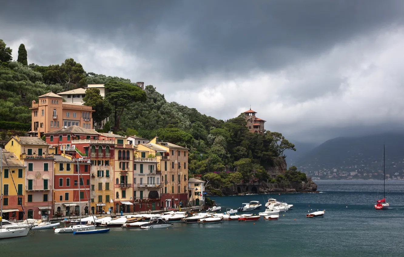 Photo wallpaper clouds, the city, photo, coast, home, Italy, Portofino
