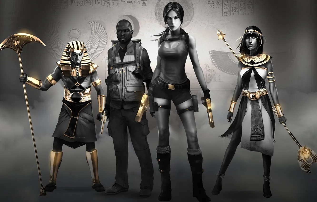 Photo wallpaper weapons, smoke, drawings, team, staff, Lara Croft, Square Enix, tomb raider