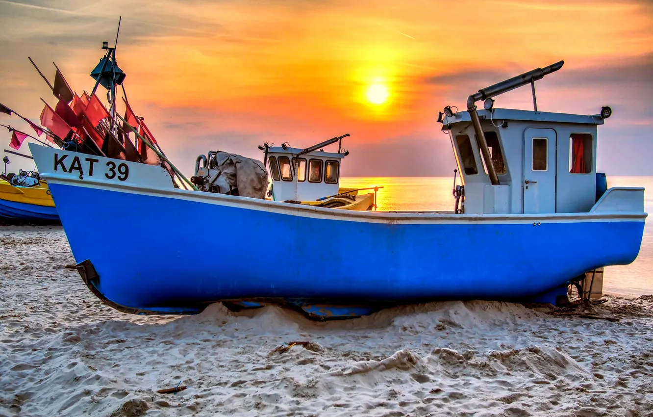 Photo wallpaper sand, sea, sunset, coast, horizon, boat, broke