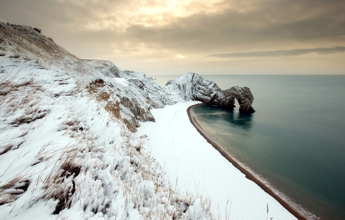 Photo wallpaper sea, snow, rocks