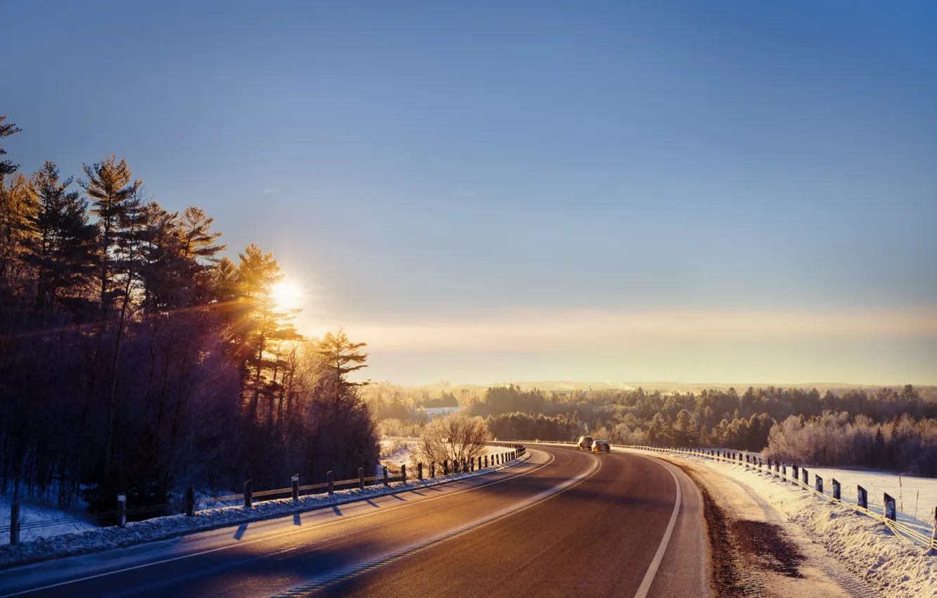 Photo wallpaper winter, road, morning