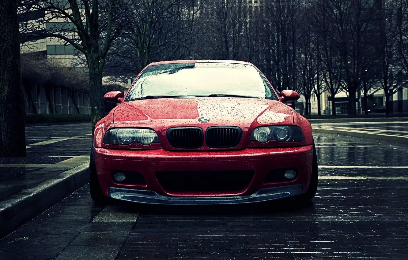 Photo wallpaper autumn, trees, red, the city, rain, street, BMW E46, BMW E46