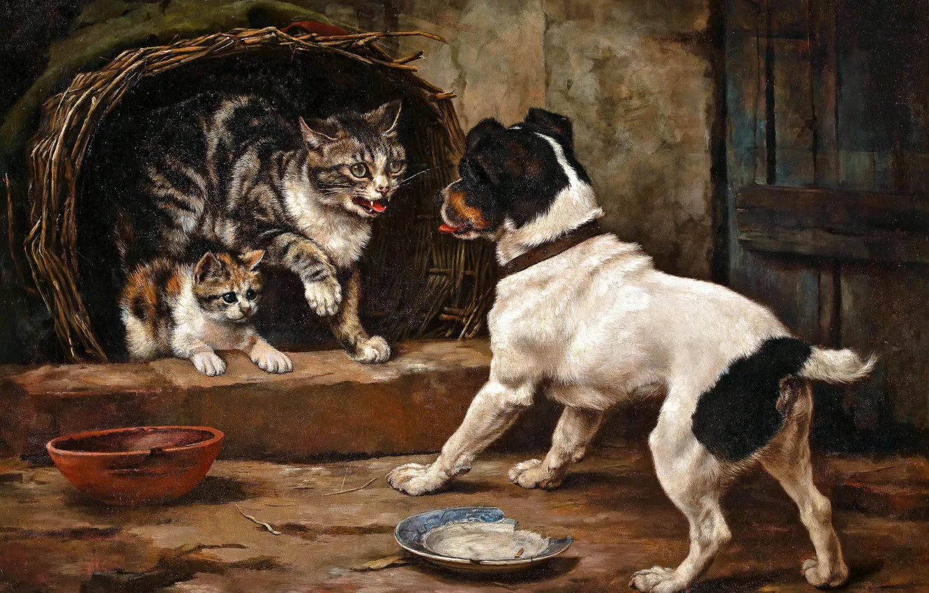 Photo wallpaper cat, dog, picture, kitty, scared, Lucy Ann Leavers, Lucy Ann Leavers, British artist