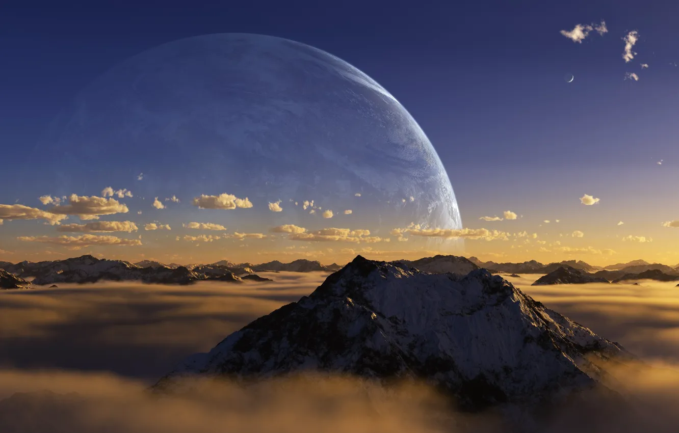 Photo wallpaper clouds, planet, mountain, peak, darink
