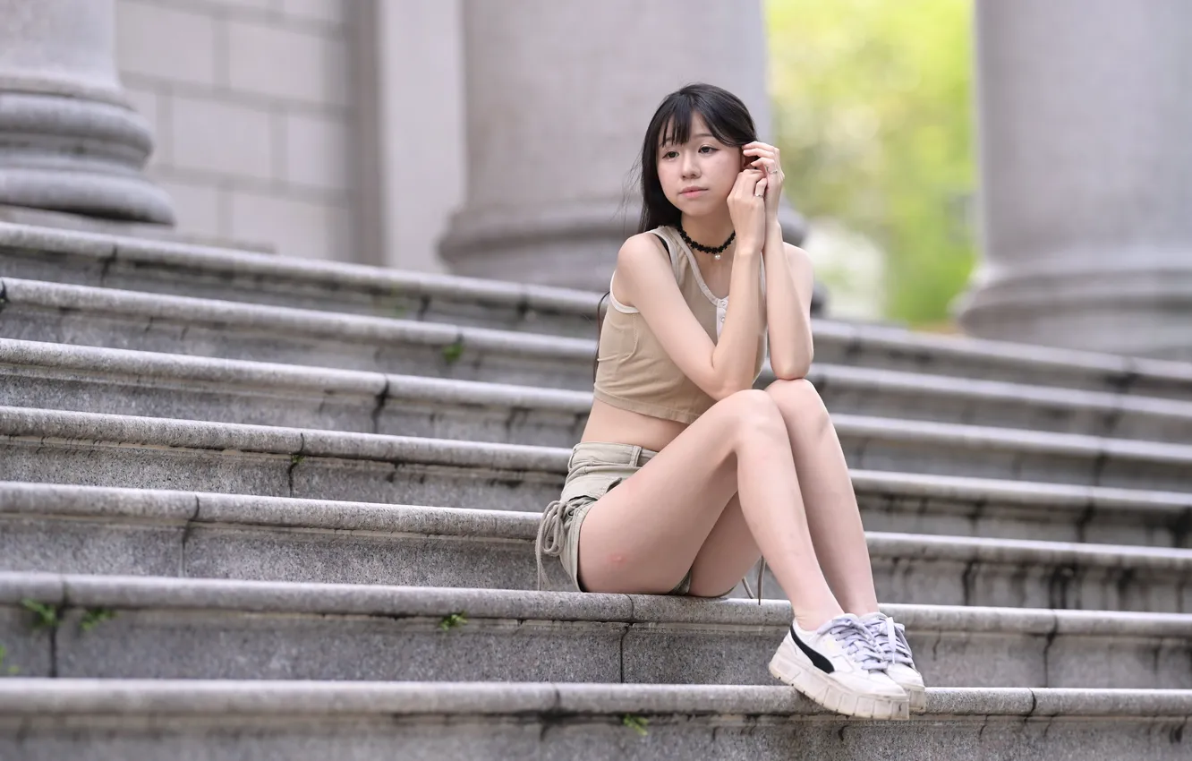 Photo wallpaper girl, ladder, Asian