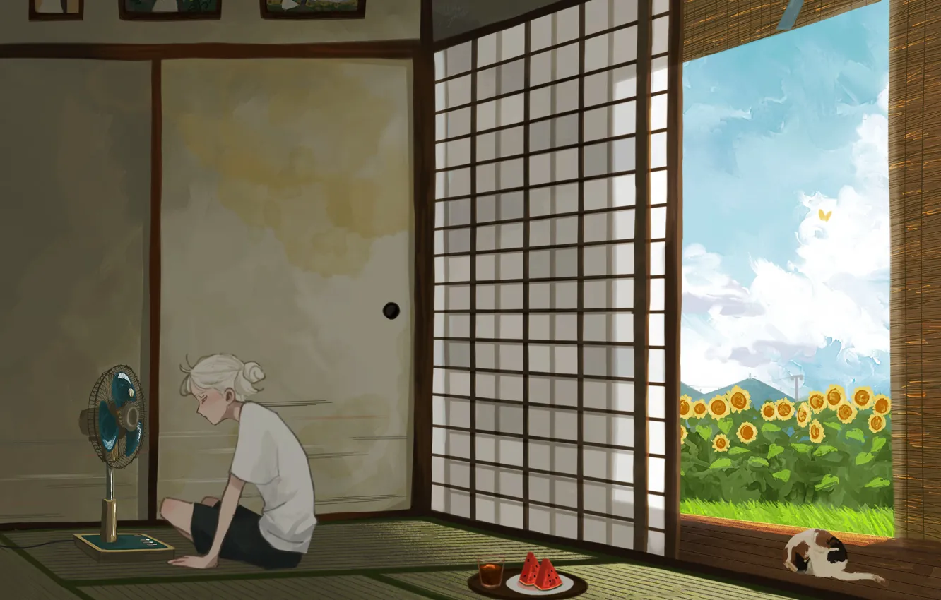 Photo wallpaper cat, summer, girl, sunflowers, heat, fan