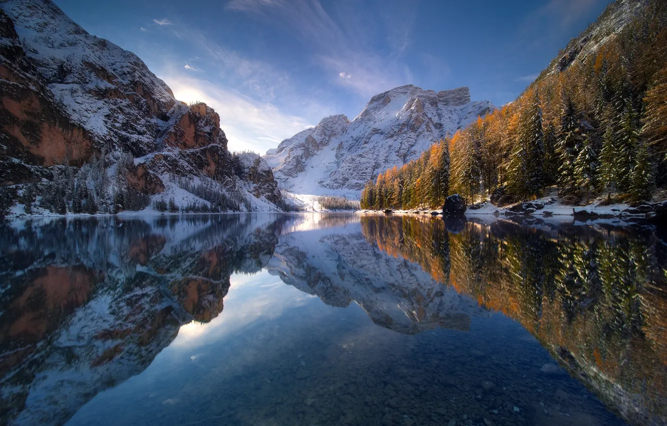 Photo wallpaper winter, autumn, the sky, snow, reflection, lake, mountain