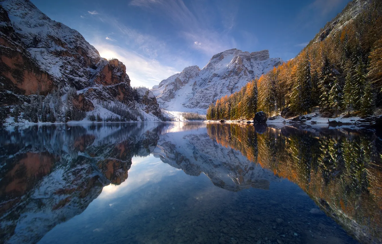 Photo wallpaper winter, autumn, the sky, snow, mountains, lake, reflection