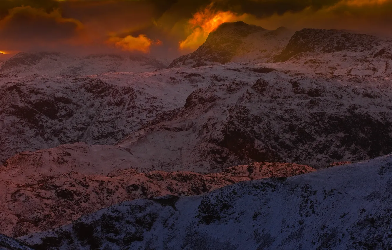 Photo wallpaper snow, landscape, mountains, nature, dawn, tops