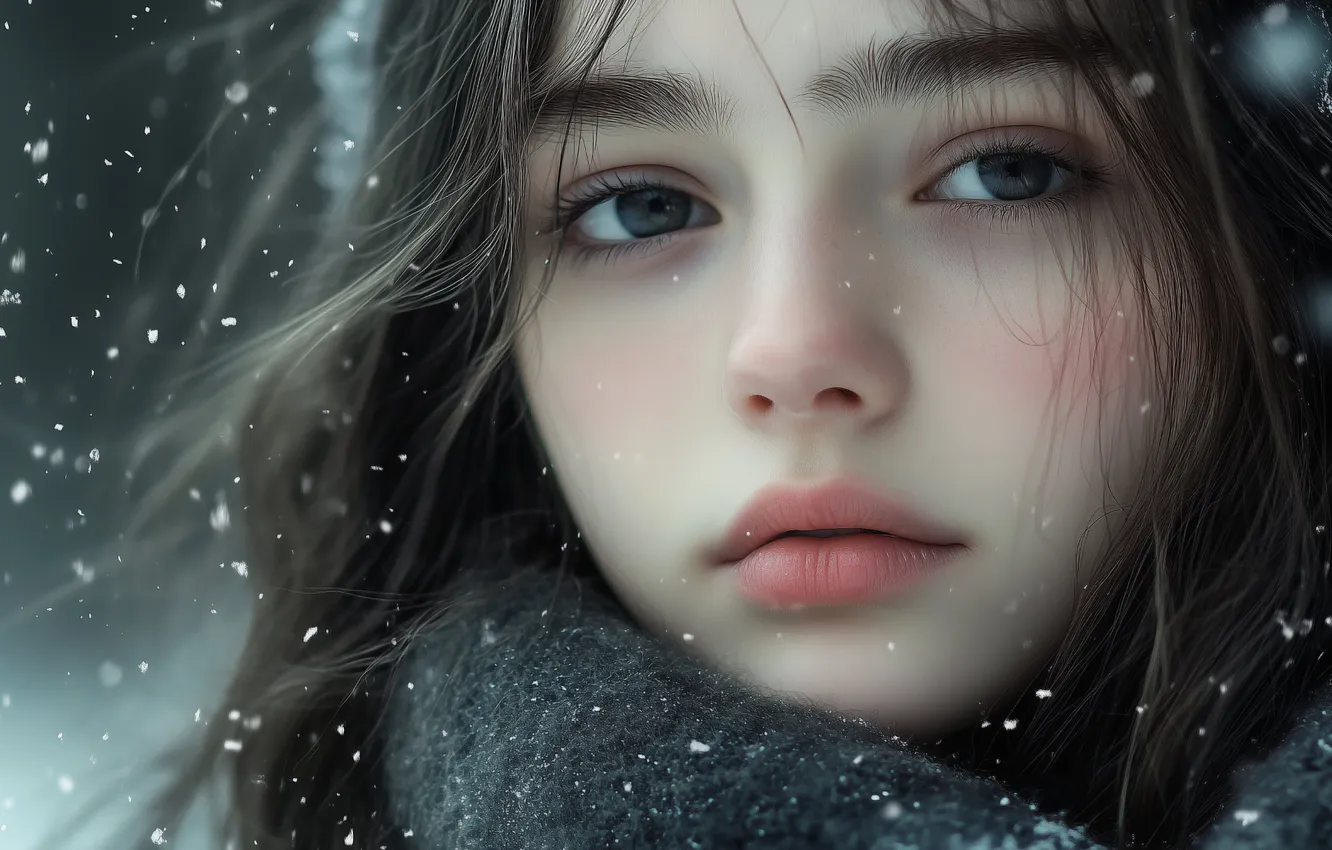 Photo wallpaper winter, sadness, look, girl, snow, face, portrait, scarf