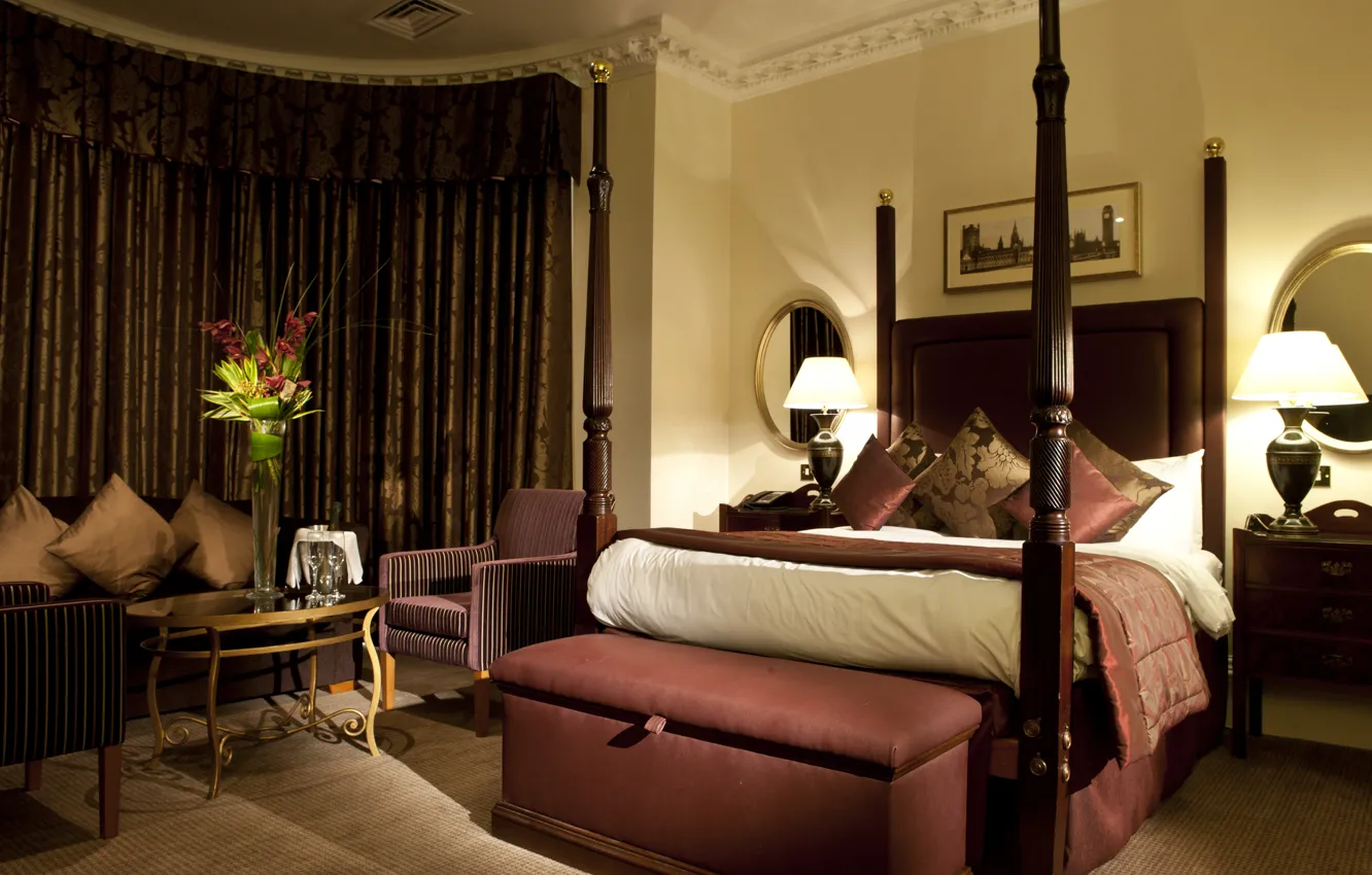 Photo wallpaper room, bed, chair, mirror, lamp, table, bedroom, stand