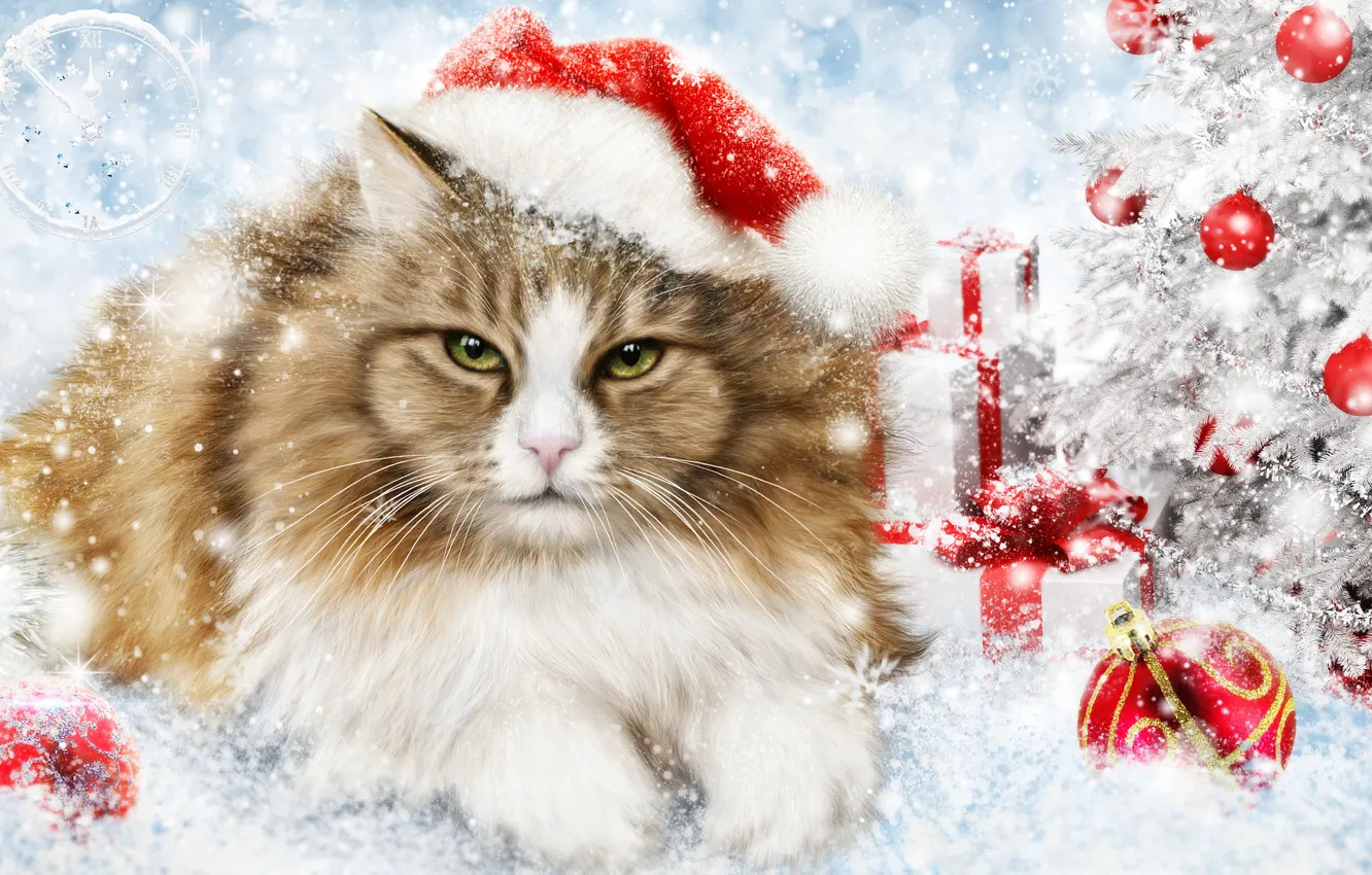 Photo wallpaper cat, cat, rendering, holiday, toys, new year, decoration