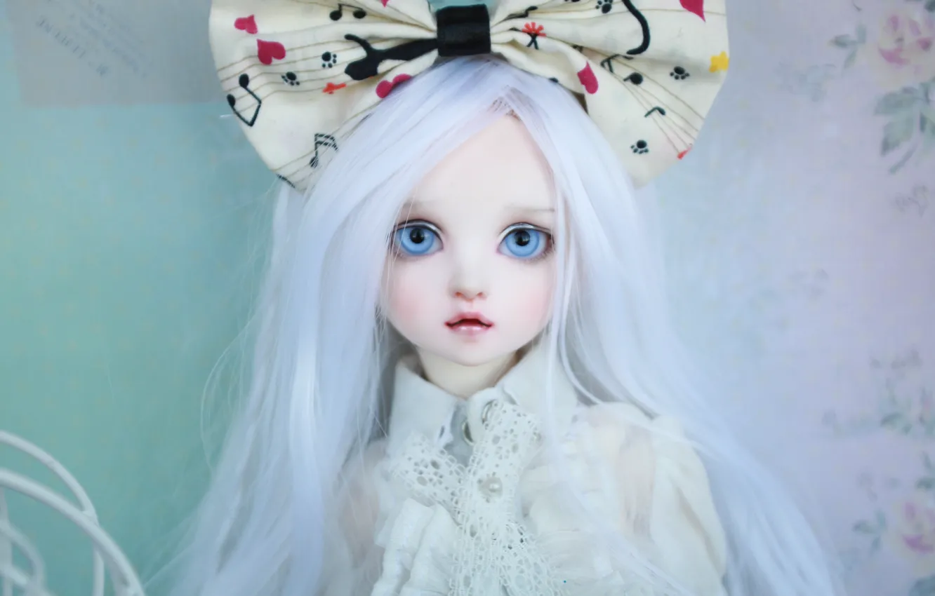 Photo wallpaper doll, blue eyes, bow, long hair, white hair, doll, BJD