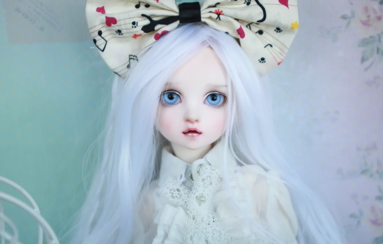 Photo wallpaper bow, BJD, blue eyes, doll, doll, long hair, white hair