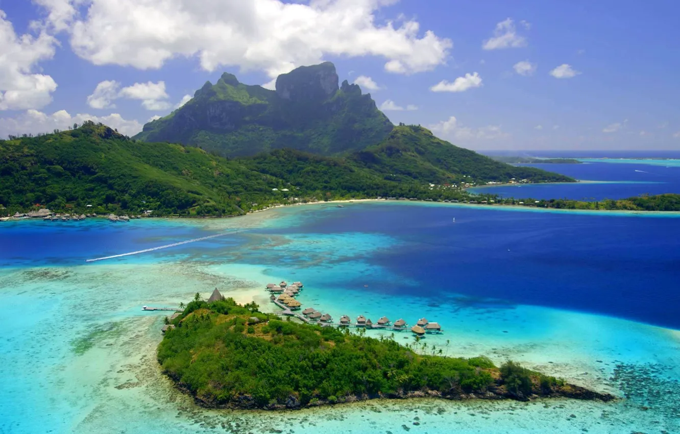 Photo wallpaper tropics, palm trees, the ocean, island, Polynesia, Bora Bora, the hotel, resort