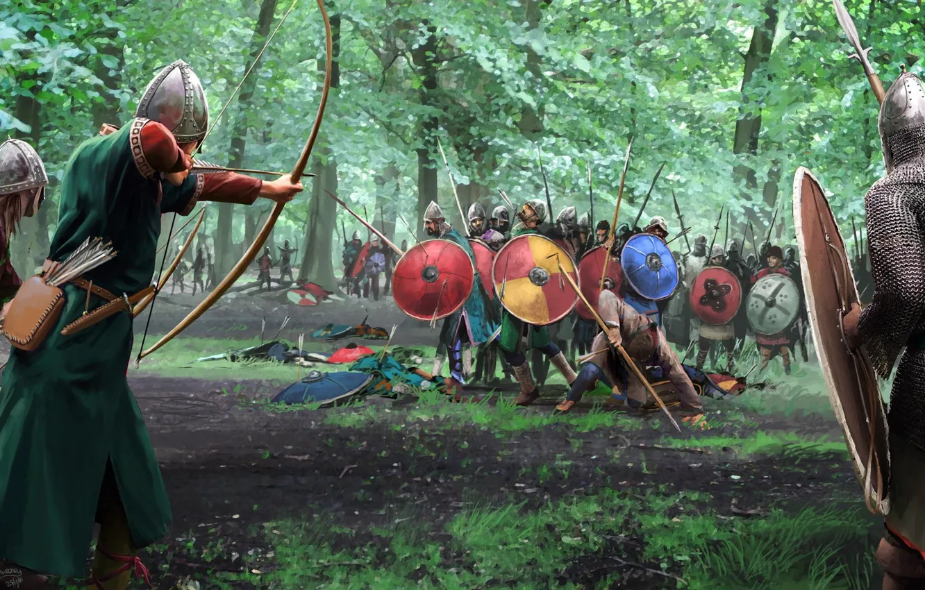 Photo wallpaper weapons, Forest, battle, warrior, bow, shield, armor