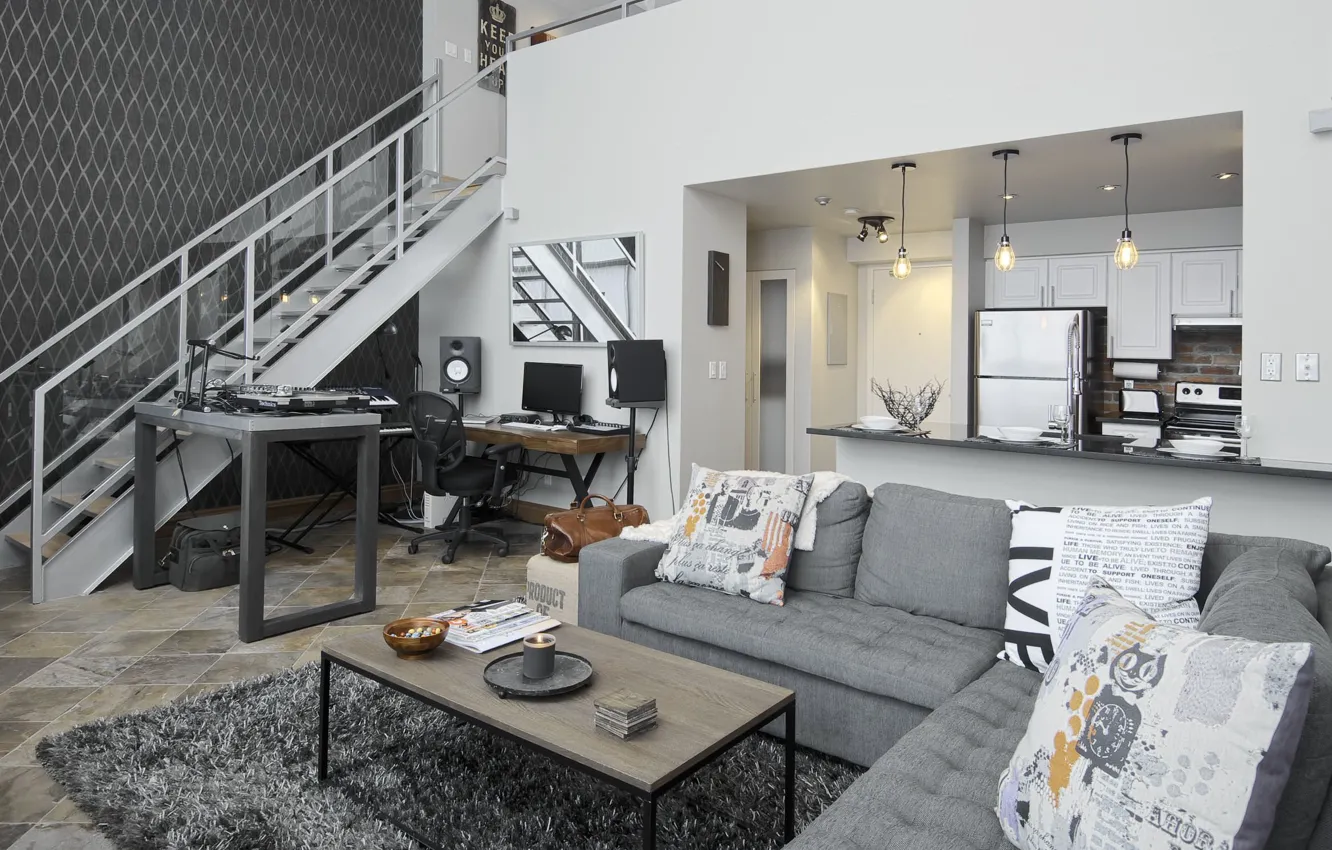Photo wallpaper design, style, interior, kitchen, ladder, living room, 3sixty space planning design, Live-Work-Play Loft