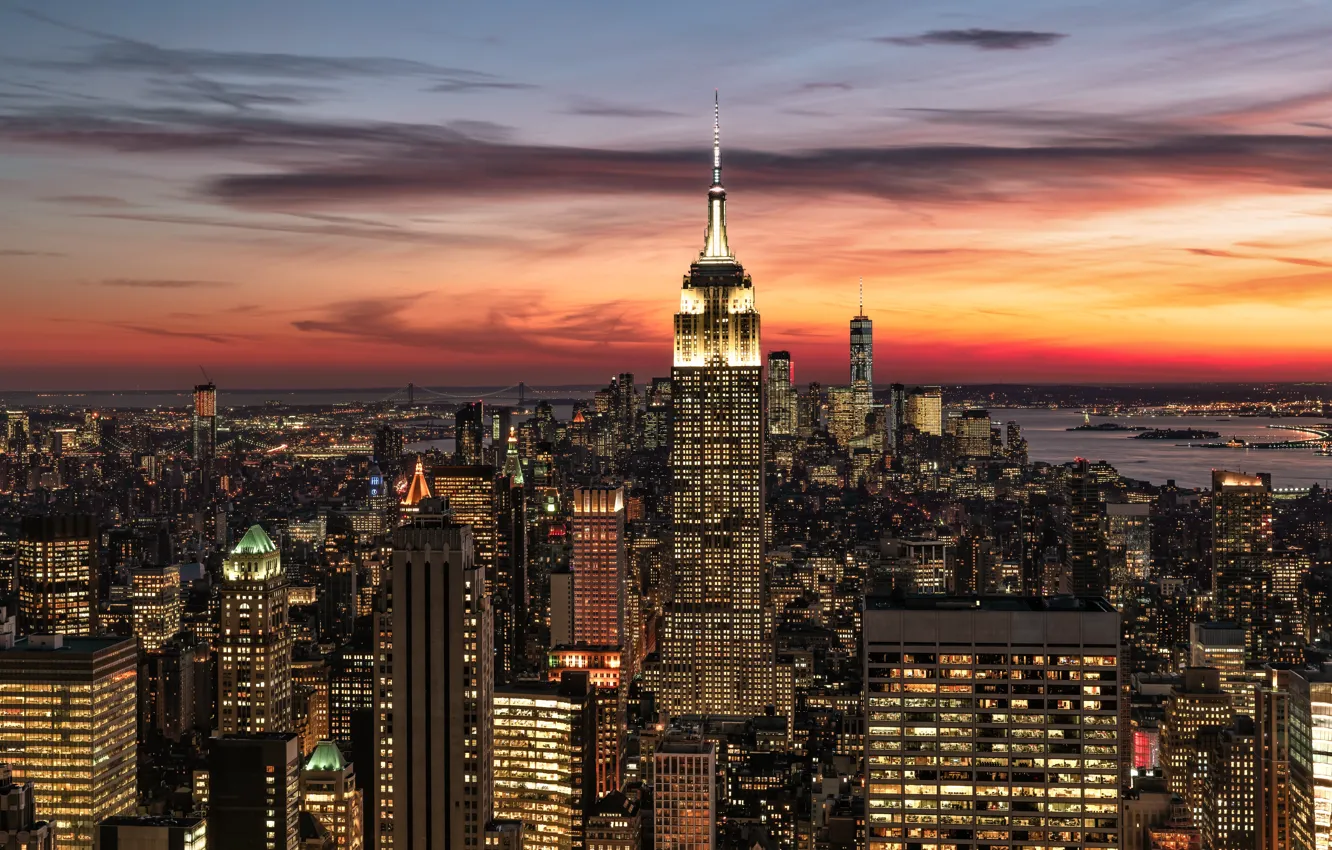 Photo wallpaper sunset, building, home, New York, night city, Manhattan, skyscrapers, Manhattan