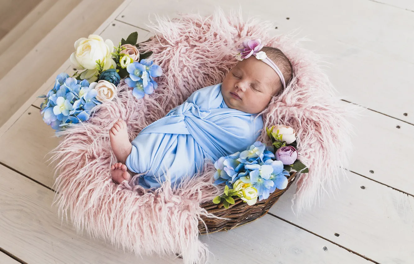 Photo wallpaper flowers, basket, baby, sleeping, baby