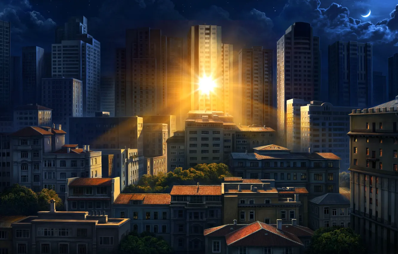 Photo wallpaper the sun, the city, reflection, morning, art, Olga Antonenko, Illustration for Philips Hue Go Ilan …