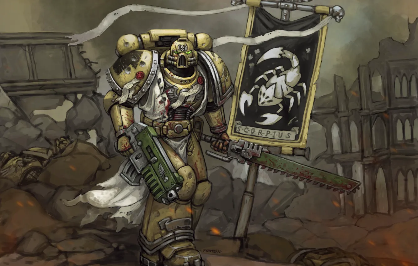 Photo wallpaper sword, helmet, armor, Space Marine, Warhammer, art, Warhammer 40k, banner