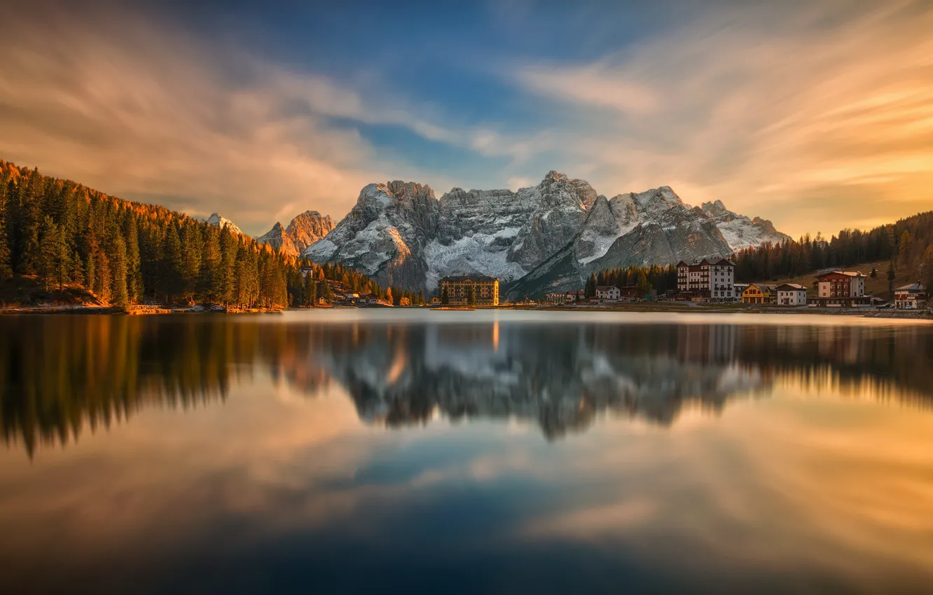 Photo wallpaper autumn, landscape, sunset, mountains, nature, lake, reflection, village