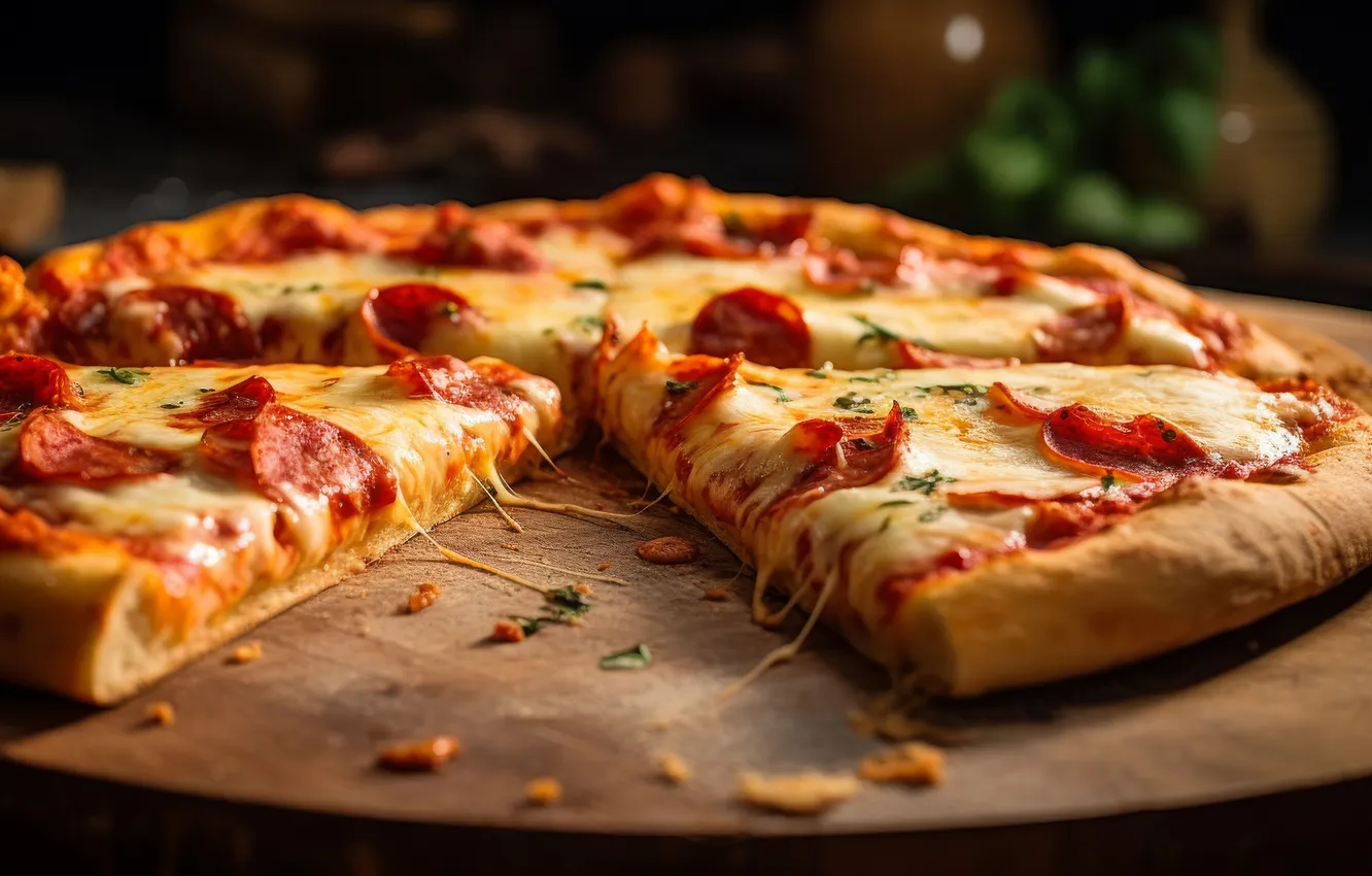 Photo wallpaper table, food, cheese, pizza, sausage, cakes, stand, baby