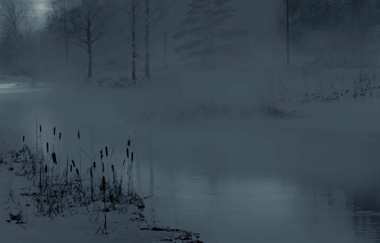 Photo wallpaper misty, river, winter, snow