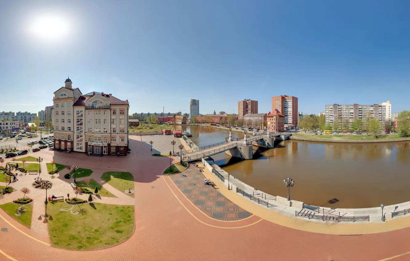 Photo wallpaper bridge, river, building, Russia, Kaliningrad
