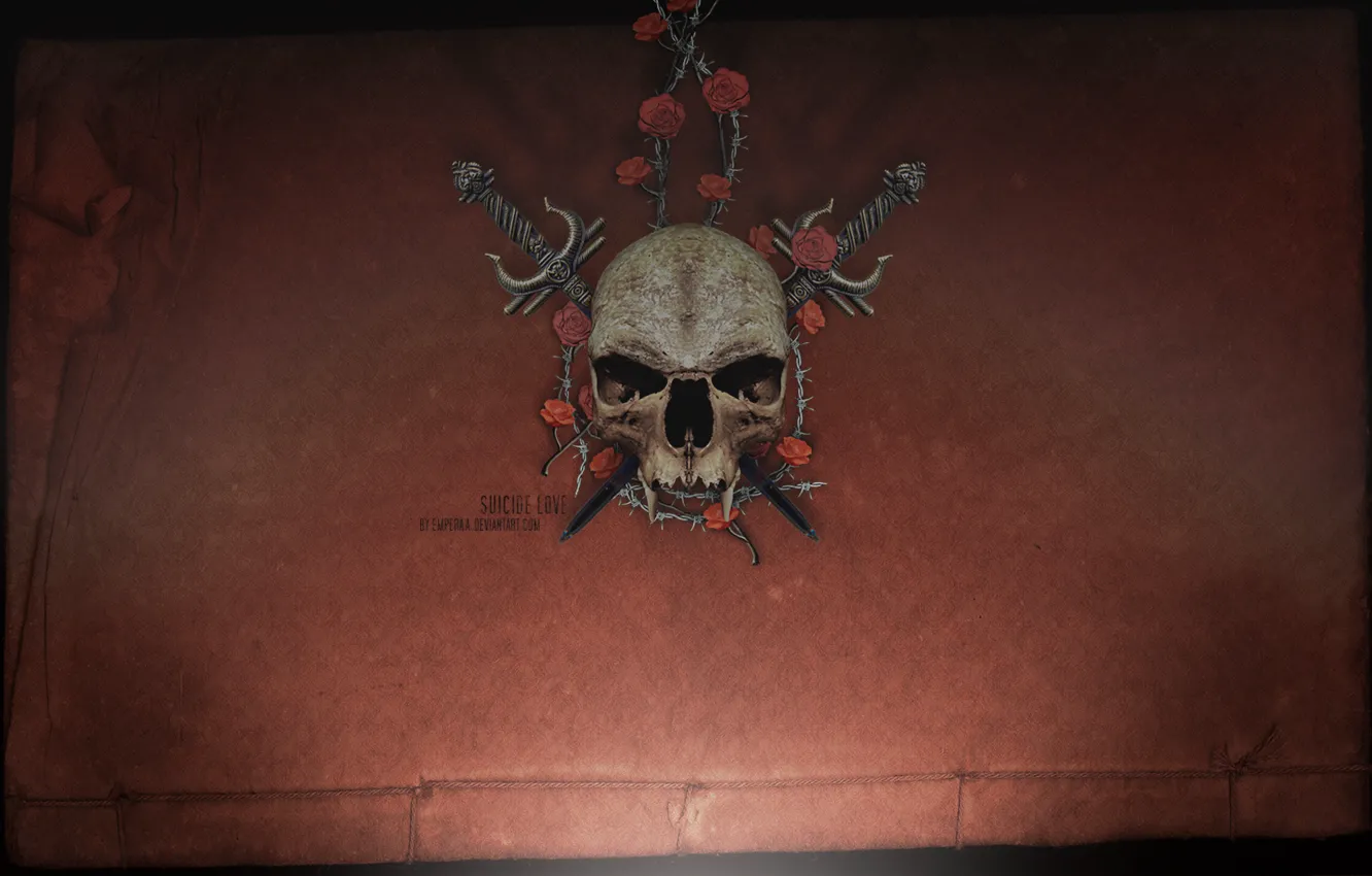 Photo wallpaper love, skull, wire, roses, dagger, barbed, suicidal